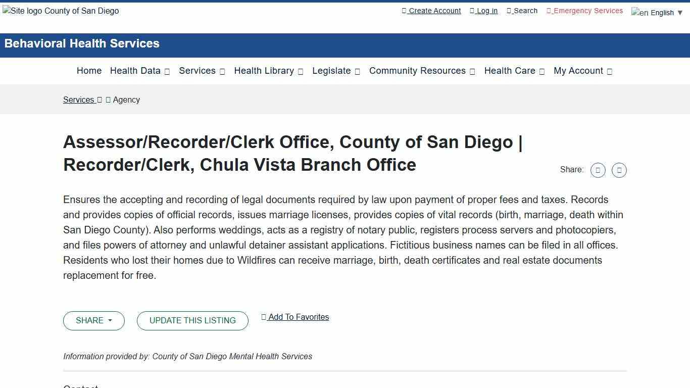 Assessor/Recorder/Clerk Office, County of San Diego Recorder/Clerk, Chula Vista Branch Office - Network of Care Service Directory